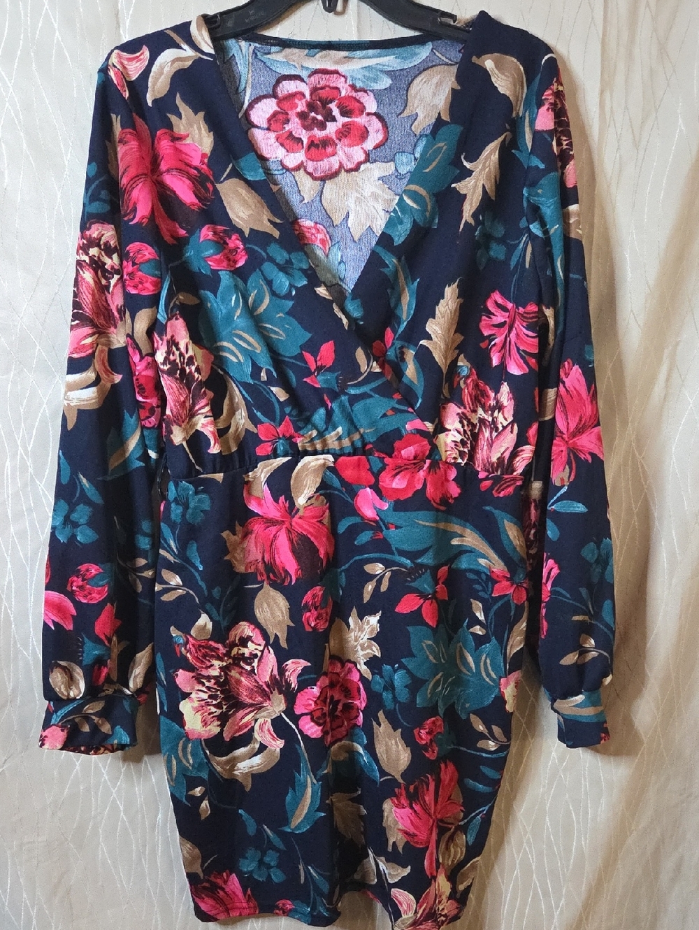 Floral Wrap-Style Dress in Navy with Pink‎ & Teal Blooms